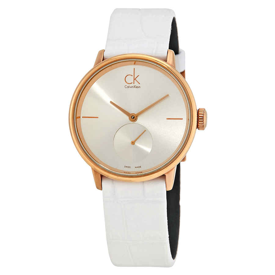  Shop Authentic Calvin Klein Accent Silver Dial White Leather Strap Watch for Women - K2Y216K6 - Luxxuri