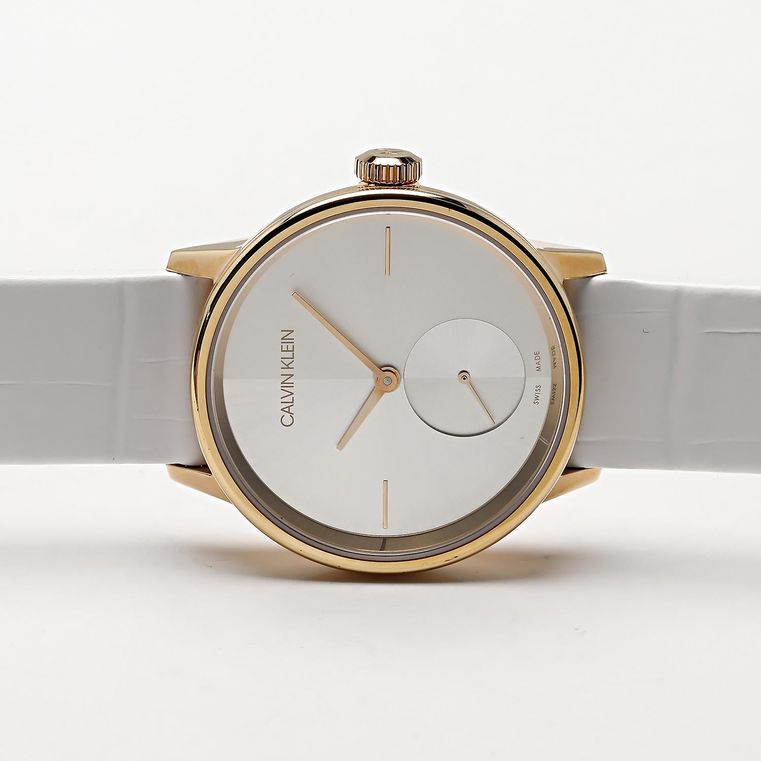  Shop Authentic Calvin Klein Accent Silver Dial White Leather Strap Watch for Women - K2Y236K6 - Luxxuri