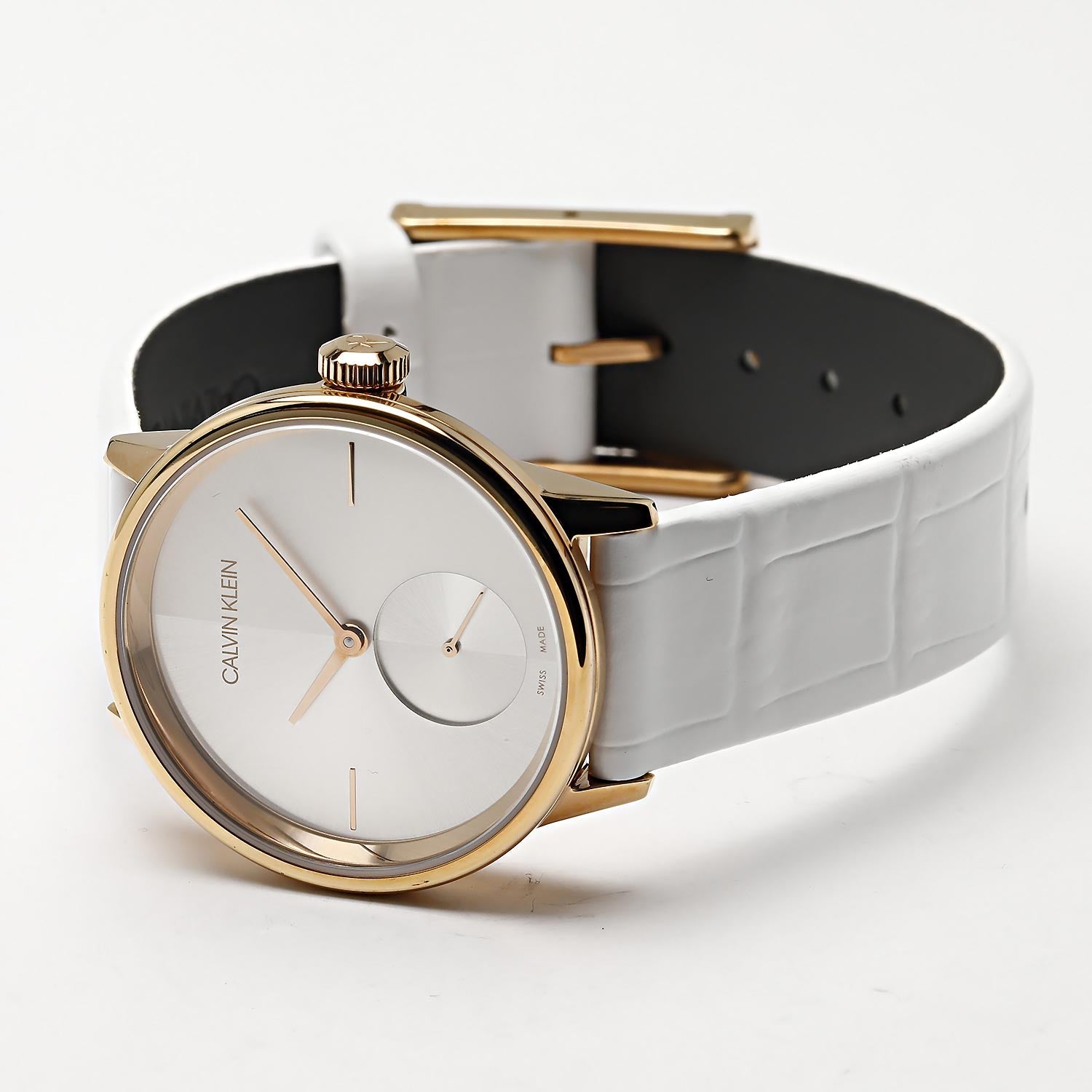  Shop Authentic Calvin Klein Accent Silver Dial White Leather Strap Watch for Women - K2Y236K6 - Luxxuri