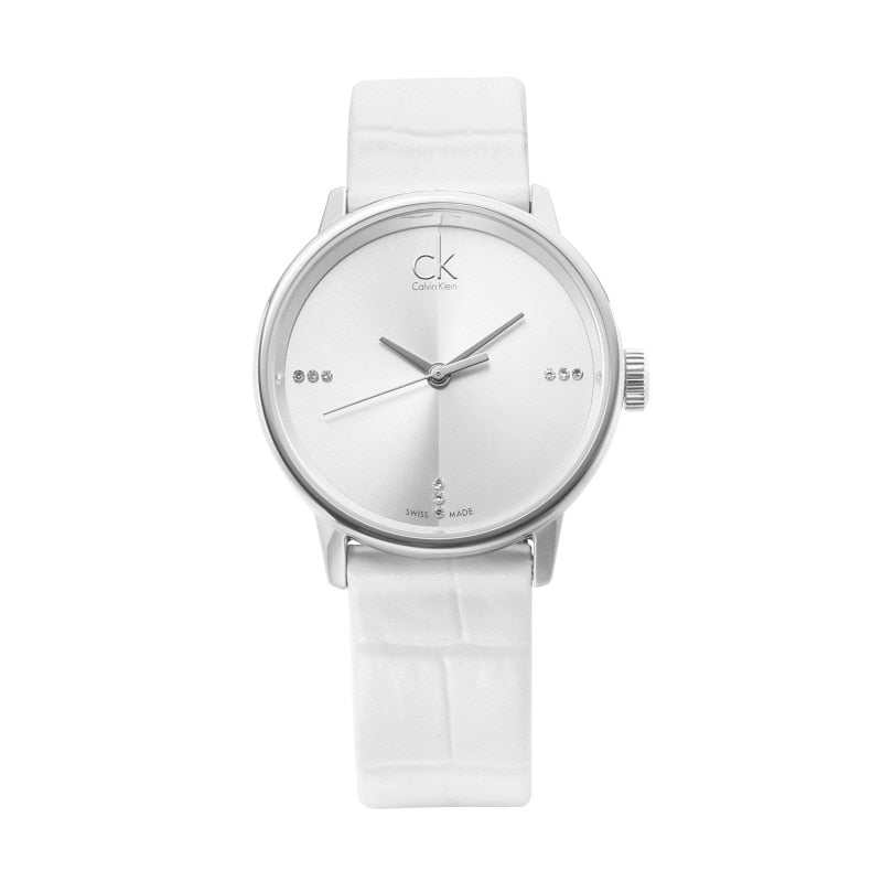  Shop Authentic Calvin Klein Accent Silver Dial White Leather Strap Watch for Women - K2Y2Y1KW - Luxxuri