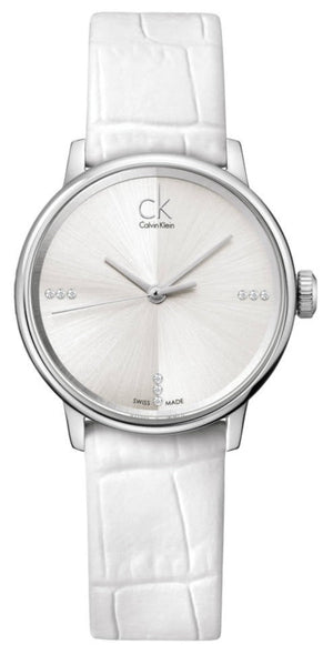  Shop Authentic Calvin Klein Accent Silver Dial White Leather Strap Watch for Women - K2Y2Y1KW - Luxxuri