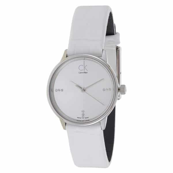  Shop Authentic Calvin Klein Accent Silver Dial White Leather Strap Watch for Women - K2Y2Y1KW - Luxxuri