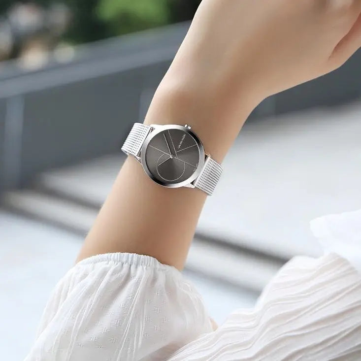  Shop Authentic Calvin Klein Minimal Black Dial Silver Mesh Bracelet Watch for Women - K3M22123 - Luxxuri