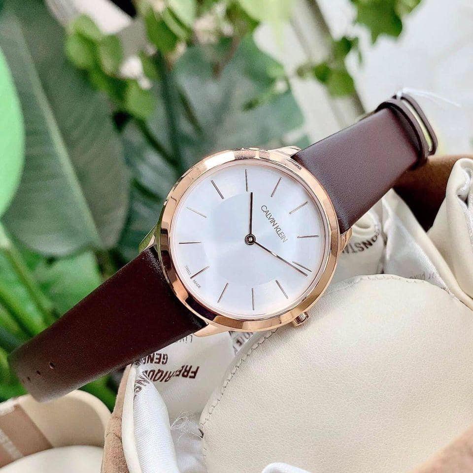  Shop Authentic Calvin Klein Minimal White Dial Brown Leather Strap Watch for Women - K3M226G6 - Luxxuri