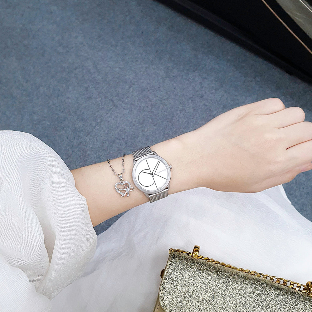  Shop Authentic Calvin Klein Minimal White Dial Silver Mesh Bracelet Watch for Women - K3M5215X - Luxxuri