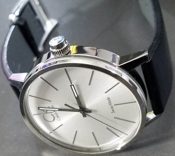  Shop Authentic Calvin Klein Post Minimal Silver Dial Black Leather Strap Watch for Men - K7621192 - Luxxuri