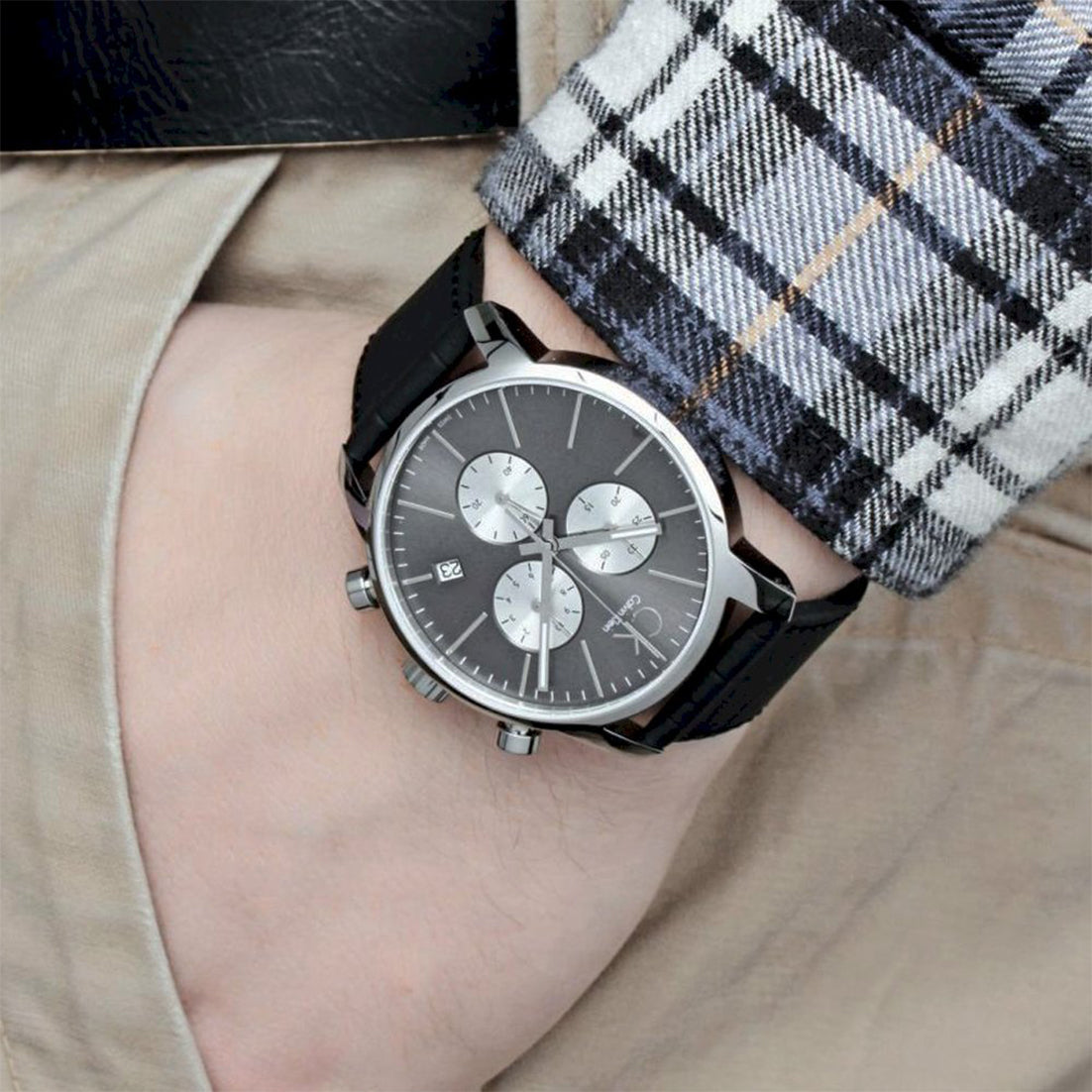  Shop Authentic Calvin Klein Post Minimal Chronograph Black Dial Black Leather Strap Watch for Men - K7627107 - Luxxuri