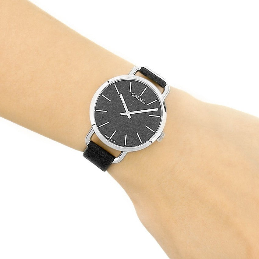  Shop Authentic Calvin Klein Even Black Dial Black Leather Strap Watch for Women - K7B231C1 - Luxxuri