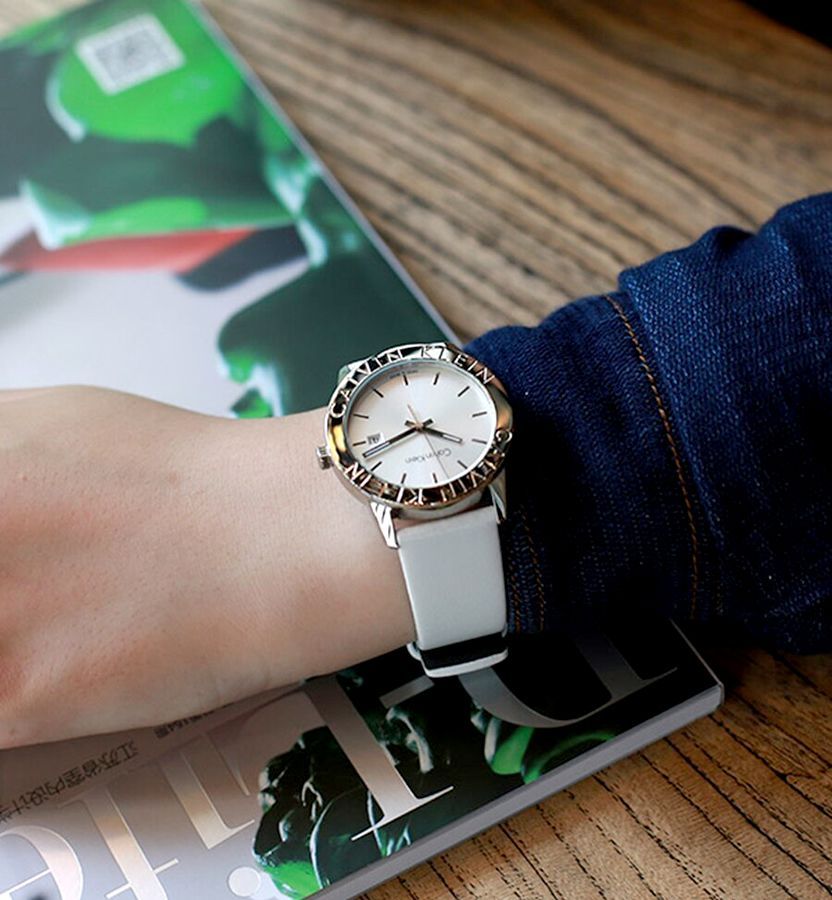  Shop Authentic Calvin Klein Steady Silver Dial White Leather Strap Watch for Women - K7Q211L6 - Luxxuri