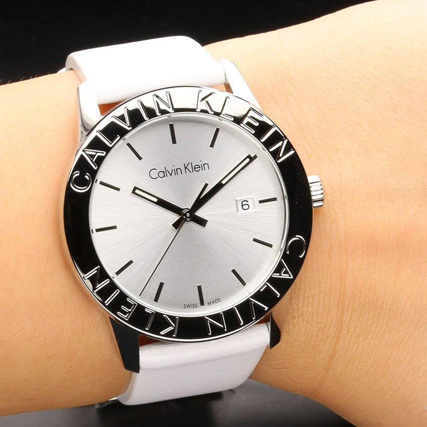  Shop Authentic Calvin Klein Steady Silver Dial White Leather Strap Watch for Women - K7Q211L6 - Luxxuri