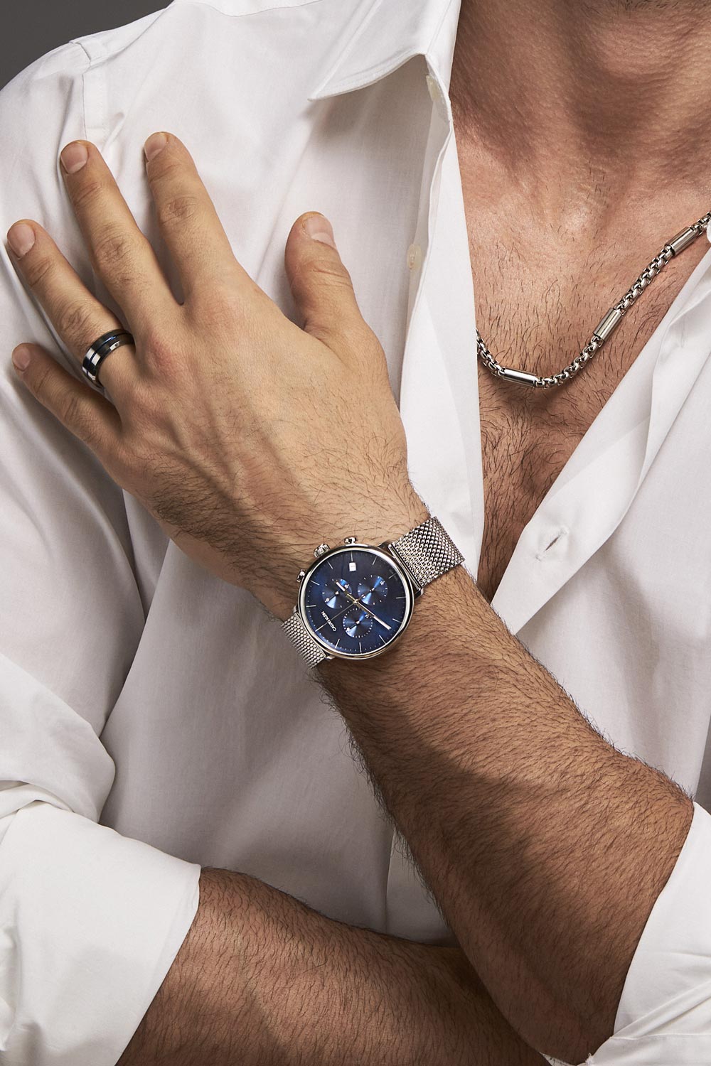  Shop Authentic Calvin Klein High Noon Chronograph Blue Dial Silver Mesh Bracelet Watch for Men - K8M2712N - Luxxuri