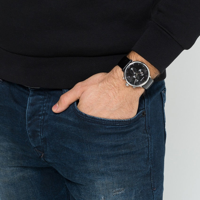  Shop Authentic Calvin Klein High Noon Chronograph Black Dial Black Leather Strap Watch for Men - K8M271C1 - Luxxuri