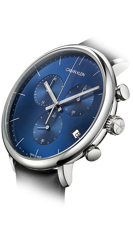  Shop Authentic Calvin Klein High Noon Chronograph Blue Dial Black Leather Strap Watch for Men - K8M271CN - Luxxuri