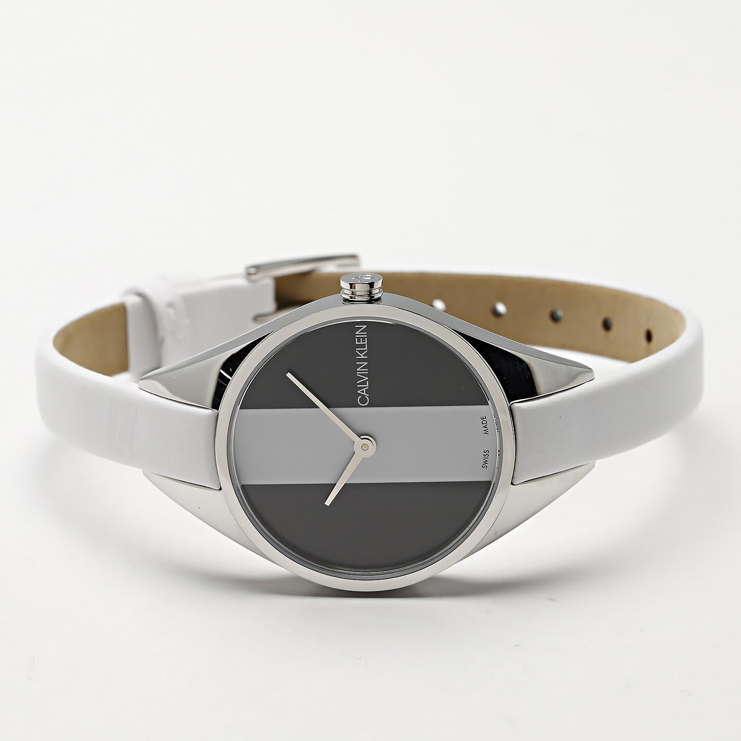 Shop Authentic Calvin Klein Rebel White Black Dial White Leather Strap Watch for Women - K8P231L1 - Luxxuri