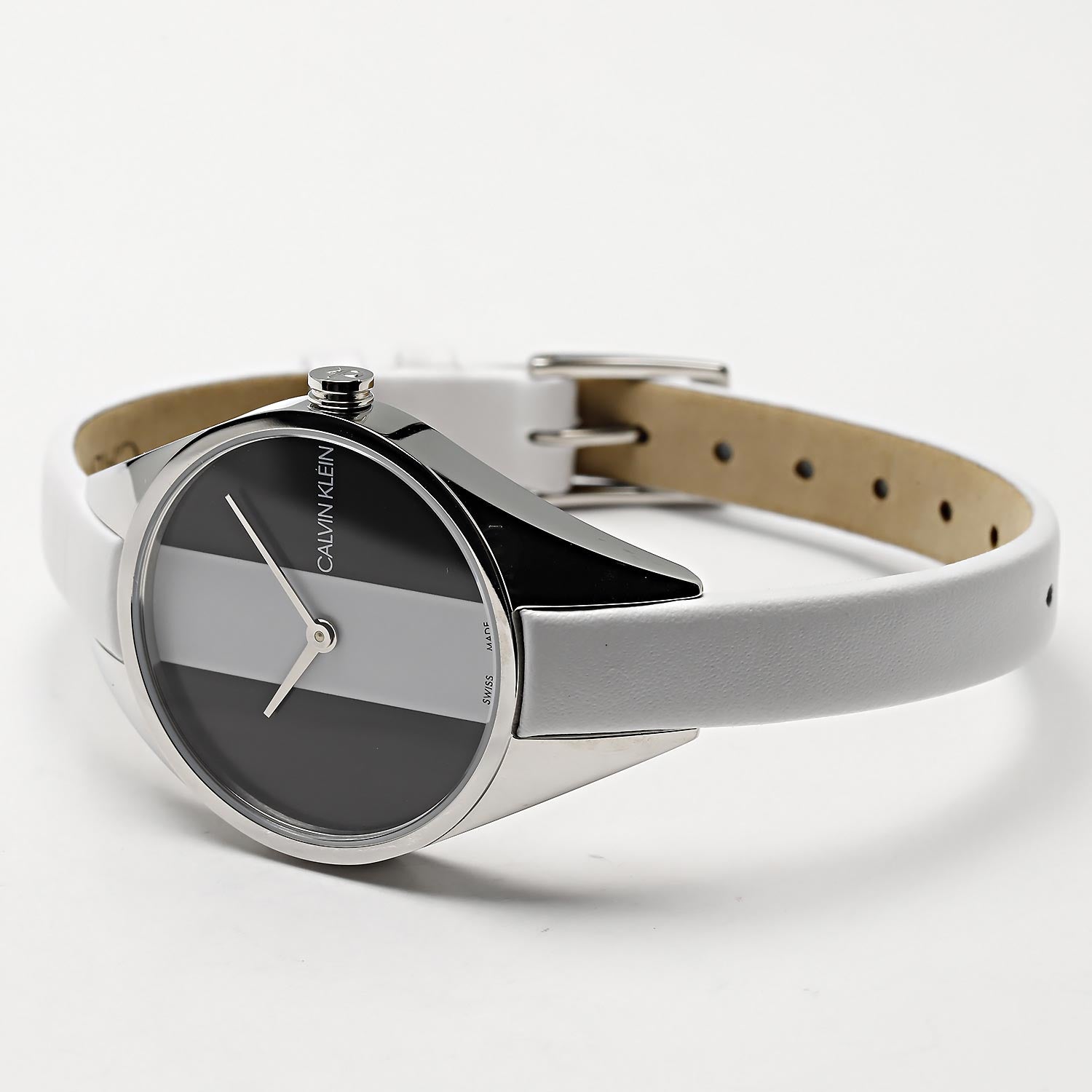  Shop Authentic Calvin Klein Rebel White Black Dial White Leather Strap Watch for Women - K8P231L1 - Luxxuri