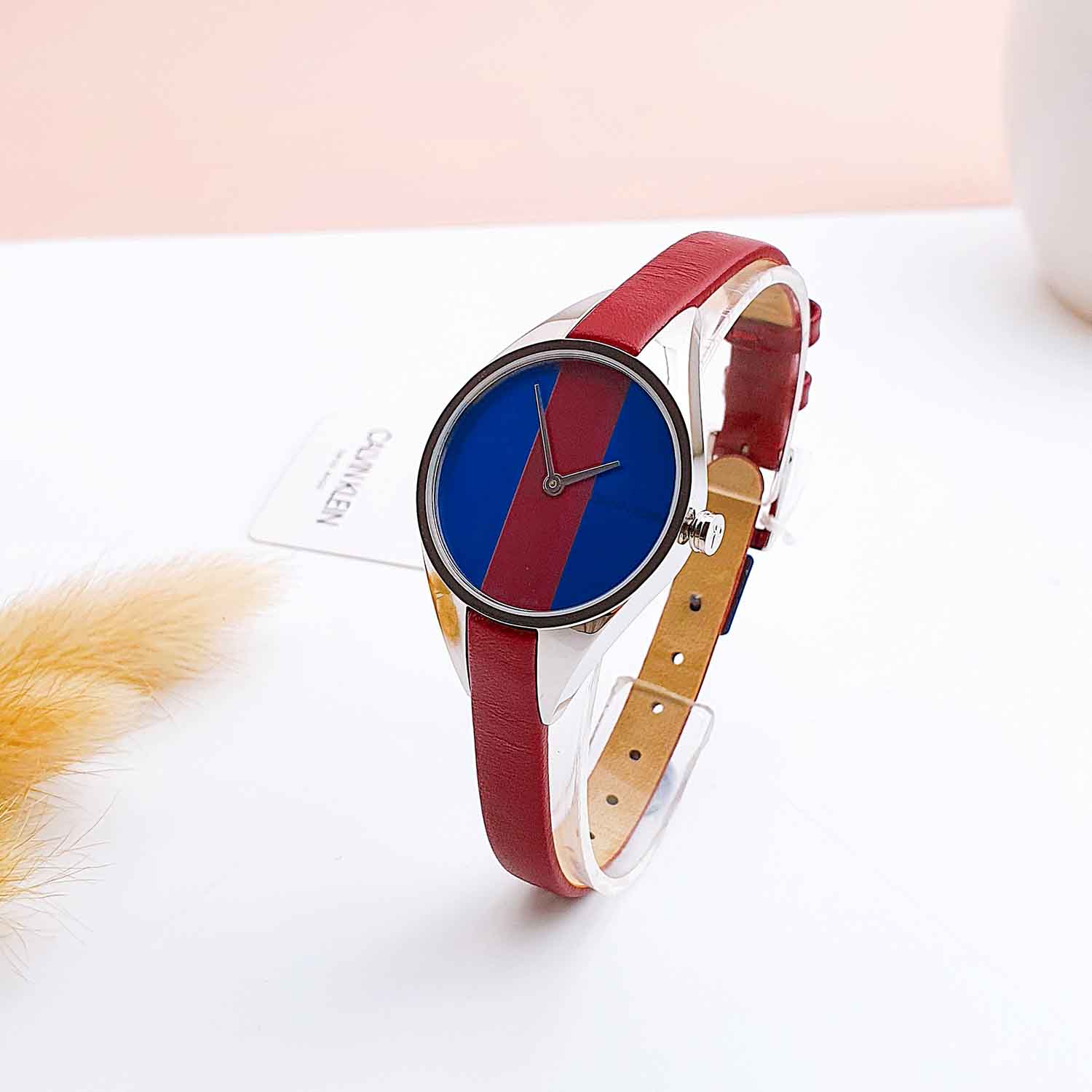  Shop Authentic Calvin Klein Rebel Blue Maroon Dial Maroon Leather Strap Watch for Women - K8P231UN - Luxxuri