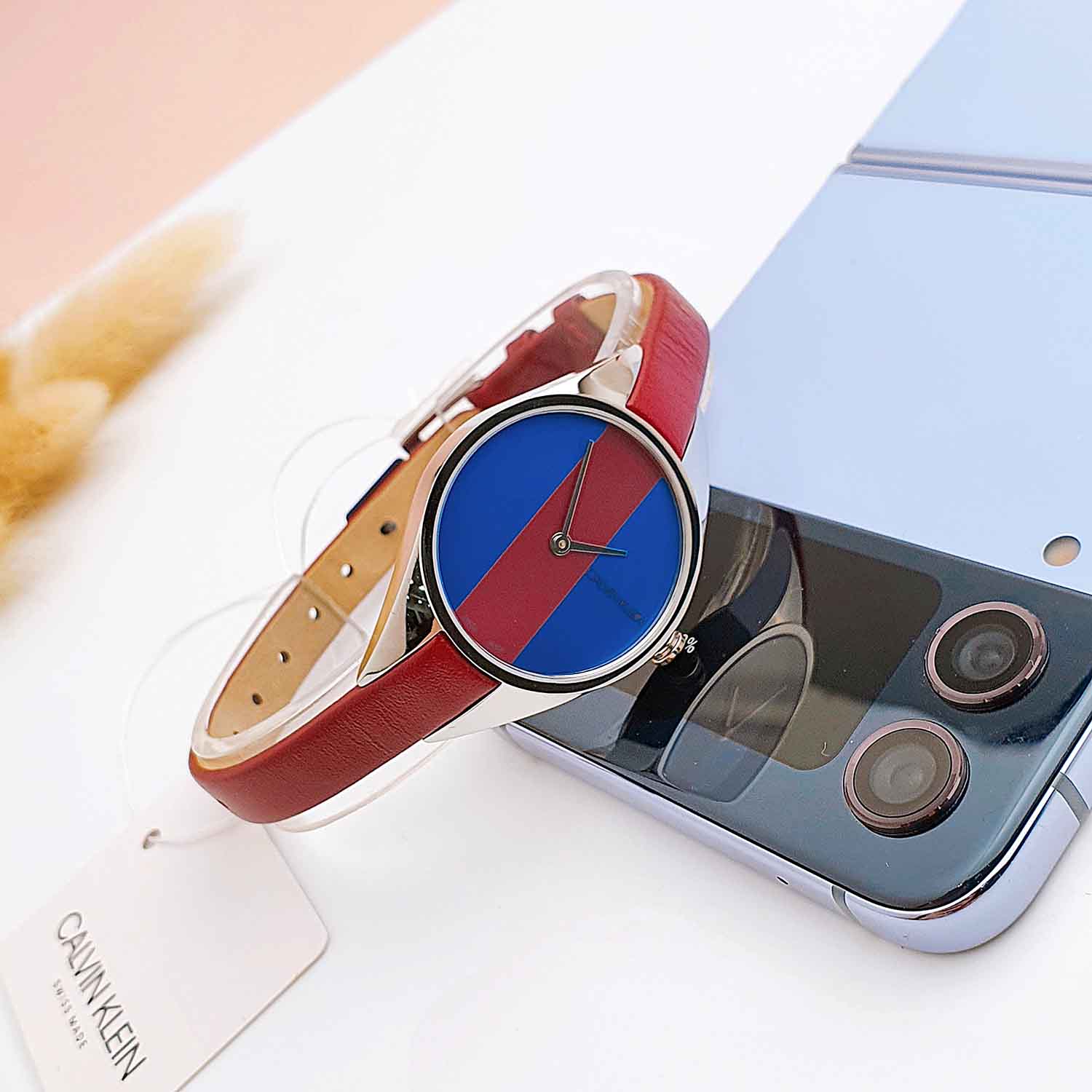  Shop Authentic Calvin Klein Rebel Blue Maroon Dial Maroon Leather Strap Watch for Women - K8P231UN - Luxxuri