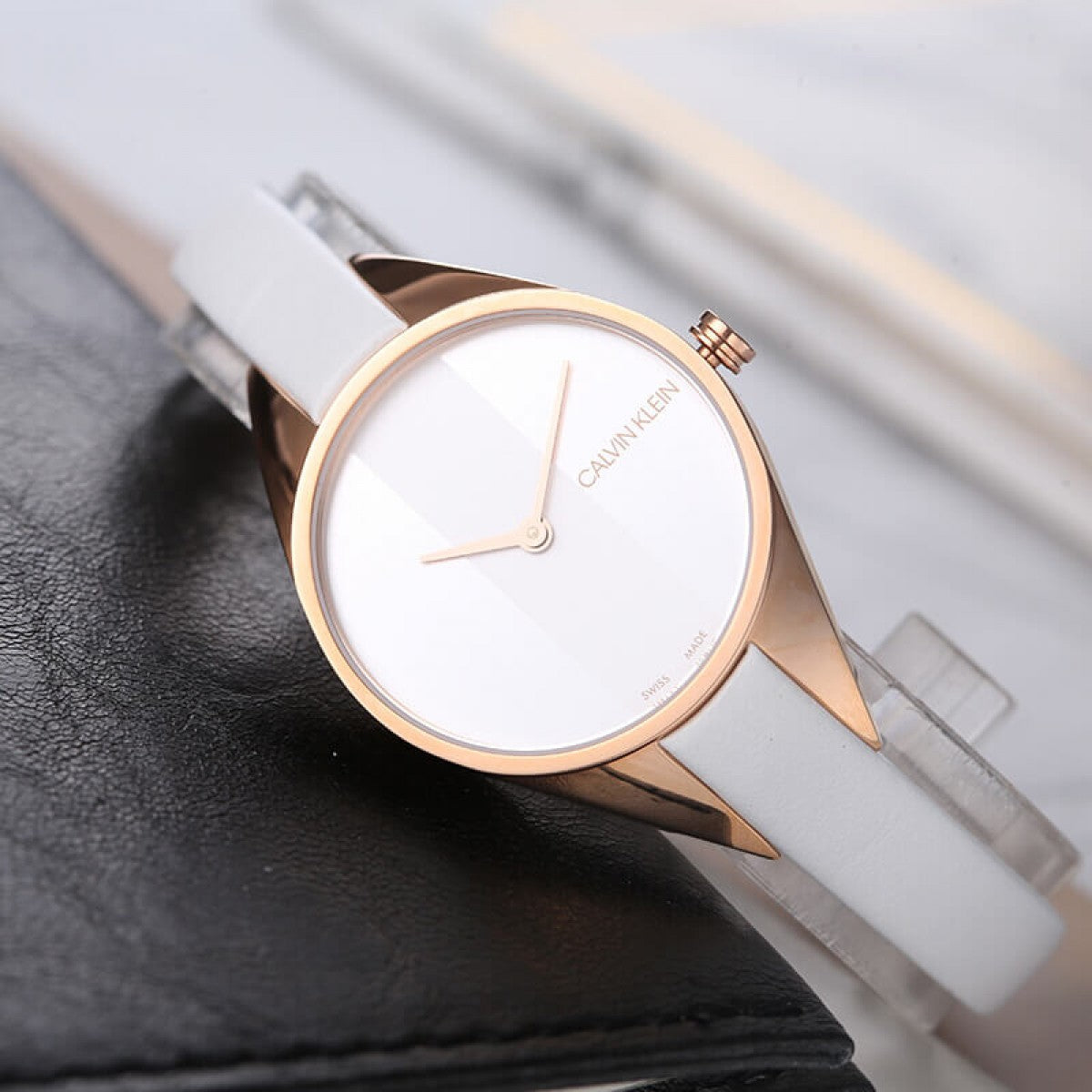  Shop Authentic Calvin Klein Rebel White Grey Dial White Leather Strap Watch for Women - K8P236L6 - Luxxuri