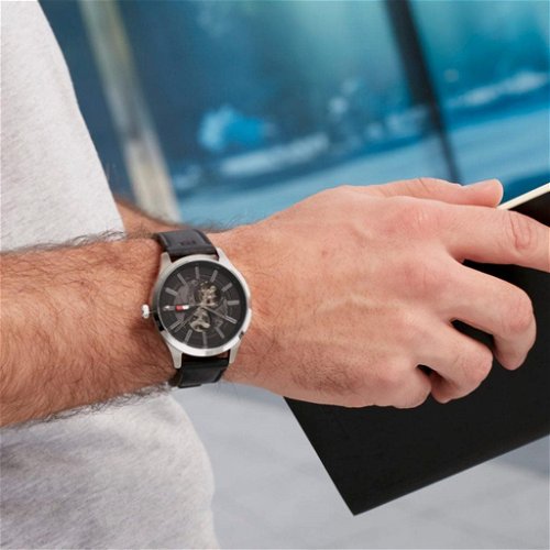  Shop Authentic Tommy Hilfiger Spencer Skeleton Black Dial Black Leather Strap Watch for Men - 1791641 - Luxxuri