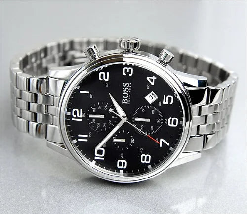  Shop Authentic Hugo Boss Aeroliner Chronograph Quartz Black Dial Silver Steel Strap Watch For Men - HB1512446 - Luxxuri