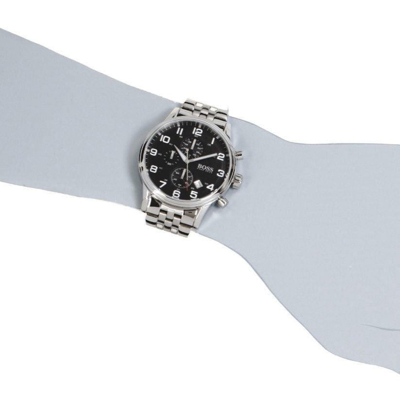  Shop Authentic Hugo Boss Aeroliner Chronograph Black Dial Silver Steel Strap Watch For Men - 1512446 - Luxxuri