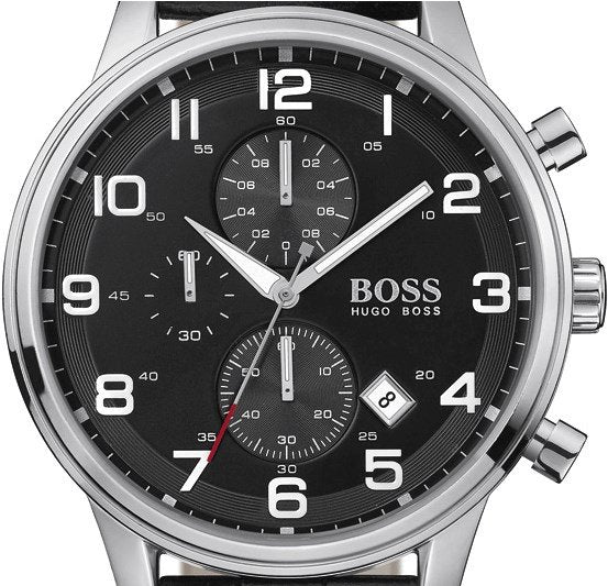  Shop Authentic Hugo Boss Aeroliner Chronograph Black Dial Black Leather Strap Watch For Men - 1512448 - Luxxuri