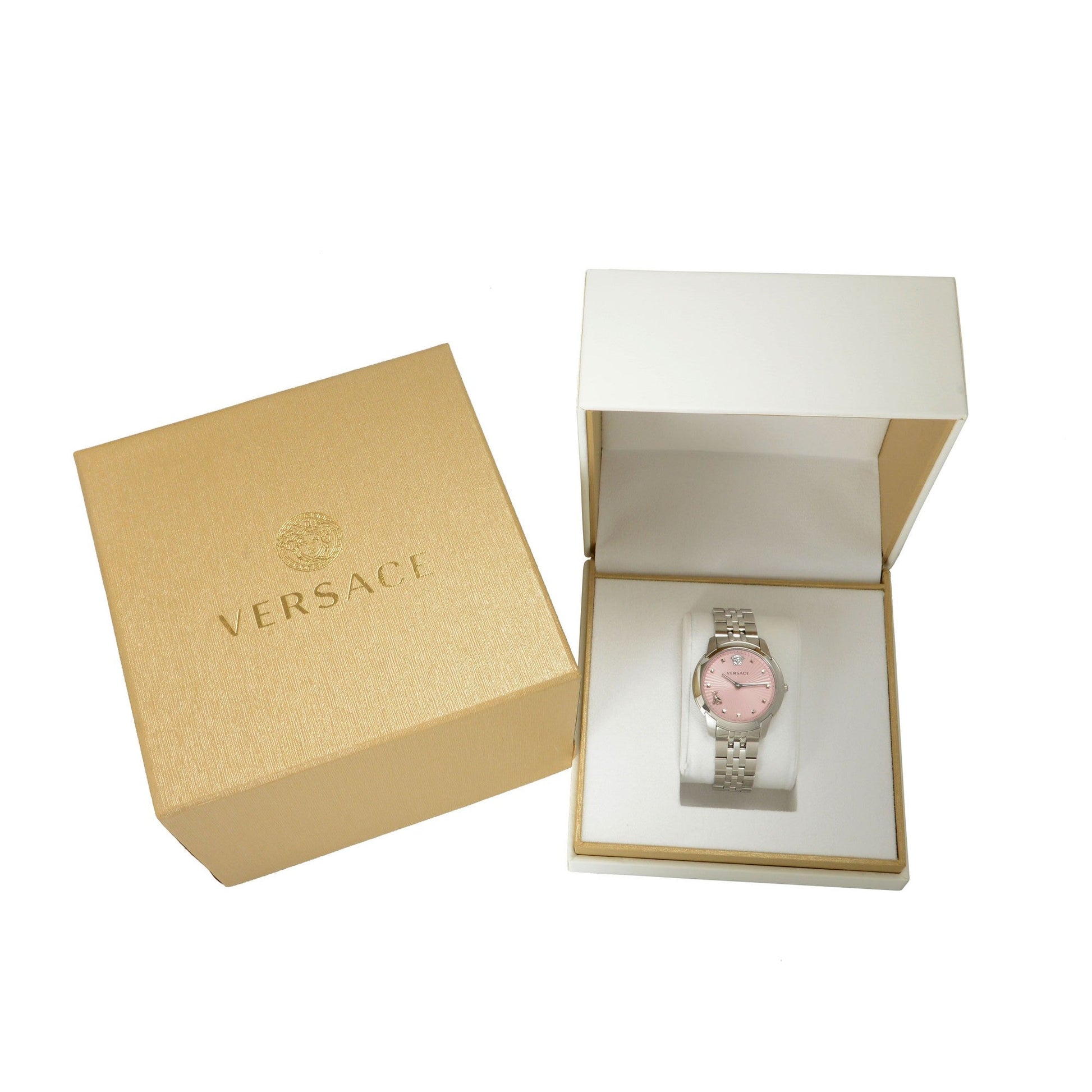  Shop Authentic Versace Audrey Quartz Pink Dial Silver Steel Strap Watch for Women - VELR00419 - Luxxuri