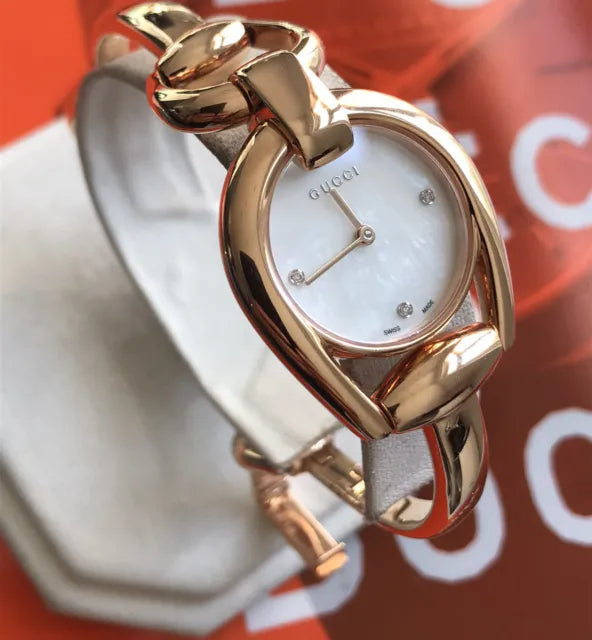  Shop Authentic Gucci Horsebit Collection Diamonds Mother of Pearl Dial Rose Gold Steel Strap Watch For Women - YA139508 - Luxxuri