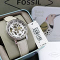 Shop Authentic Fossil Boyfriend Automatic Skeleton Silver Dial White Leather Strap Watch for Women - ME3069 - Luxxuri