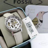  Shop Authentic Fossil Boyfriend Automatic Skeleton Silver Dial White Leather Strap Watch for Women - ME3069 - Luxxuri