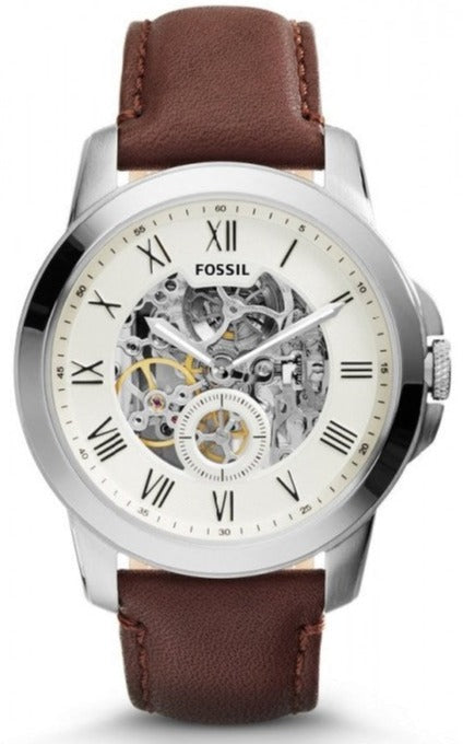  Shop Authentic Fossil Grant Automatic Beige Skeleton Dial Brown Leather Strap Watch for Men - ME3099 - Luxxuri