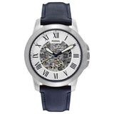  Shop Authentic Fossil Grant Automatic Skeleton Silver Dial Blue Leather Strap Watch for Men - ME3111 - Luxxuri
