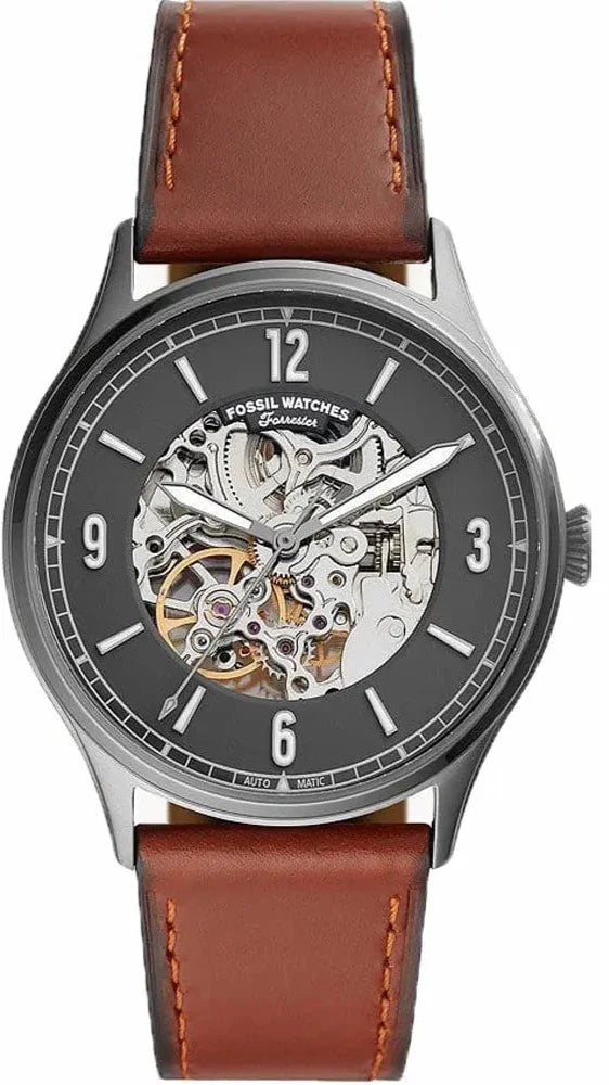  Shop Authentic Fossil Forrester Automatic Skeleton Grey Dial Brown Leather Strap Watch for Men - ME3178 - Luxxuri
