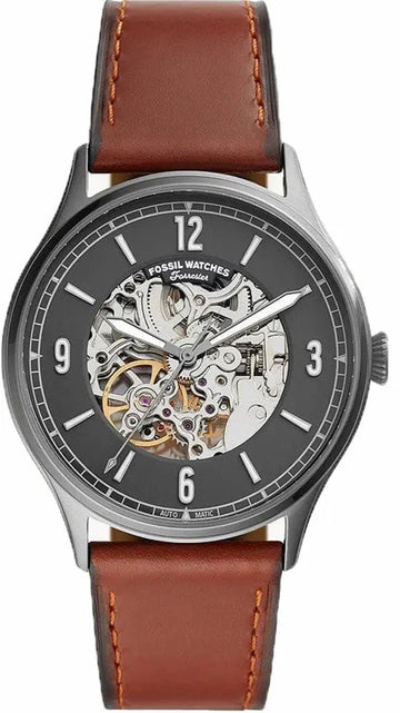  Shop Authentic Fossil Forrester Automatic Skeleton Grey Dial Brown Leather Strap Watch for Men - ME3178 - Luxxuri