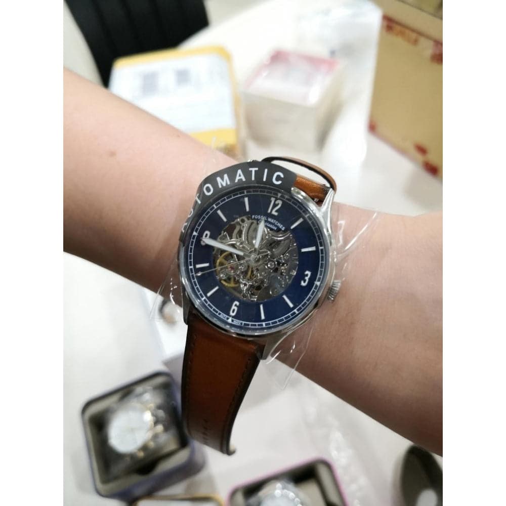 Shop Authentic Fossil Forrester Luggage Automatic Skeleton Blue Dial Brown Leather Strap Watch for Men - ME3179 - Luxxuri