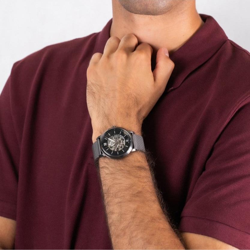  Shop Authentic Fossil Neutra Automatic Skeleton Black Dial Grey Mesh Strap Watch for Men - ME3185 - Luxxuri