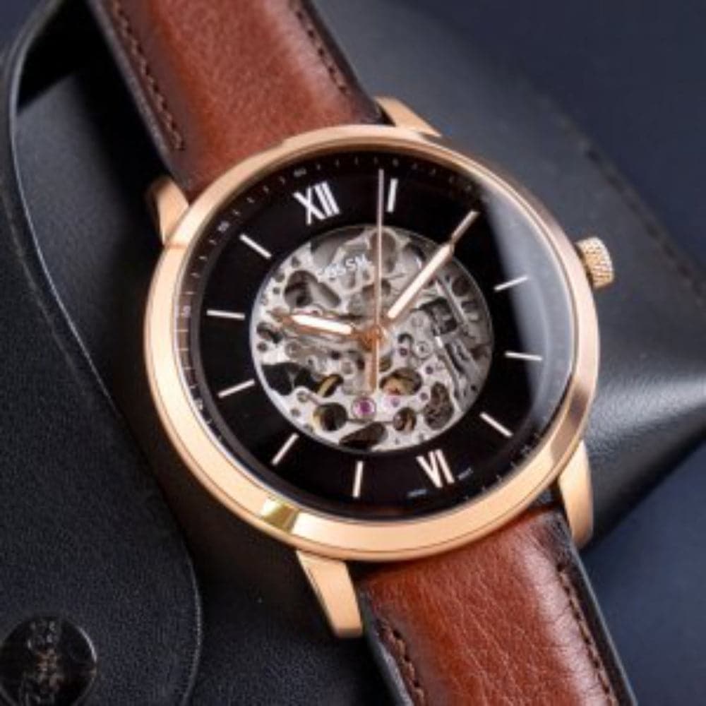  Shop Authentic Fossil Neutra Automatic Skeleton Black Dial Brown Leather Strap Watch for Men - ME3195 - Luxxuri