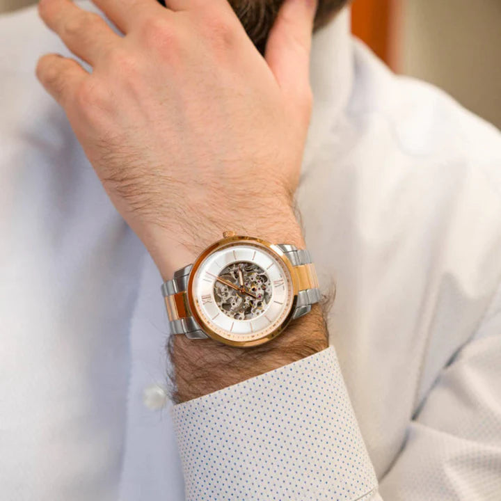  Shop Authentic Fossil Neutra Automatic Skeleton White Dial Two Tone Steel Strap Watch for Men - ME3196 - Luxxuri