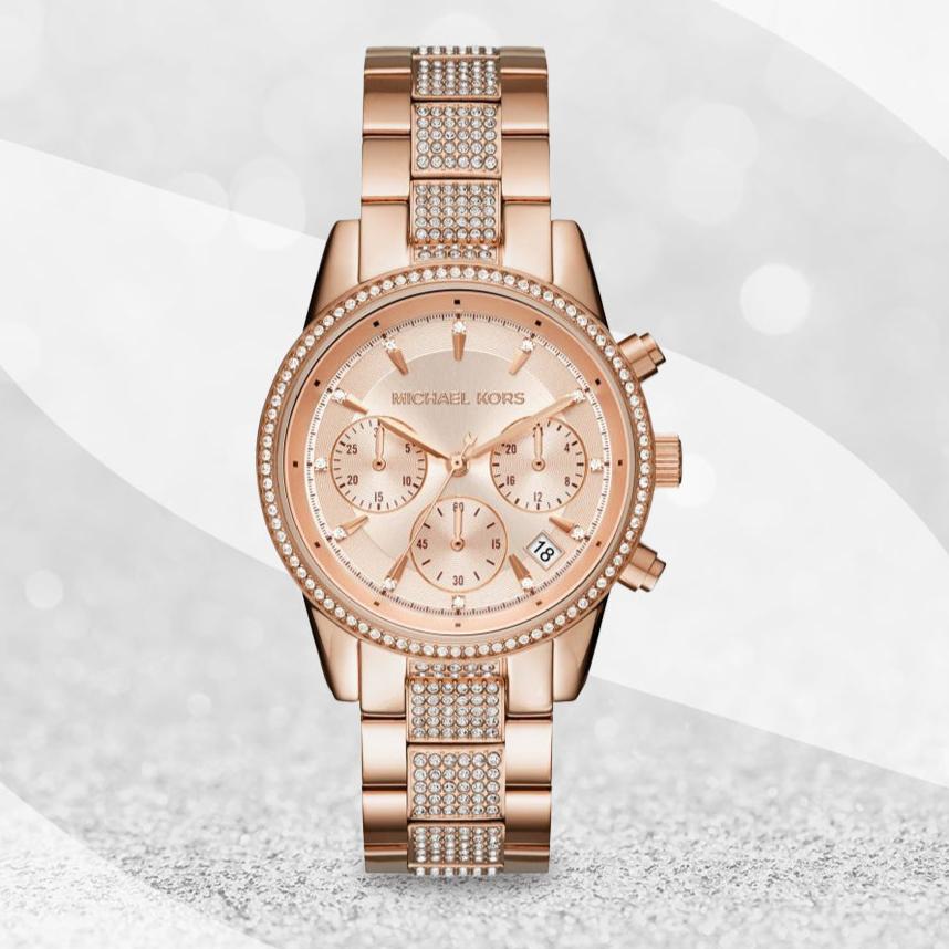  Shop Authentic Michael Kors Ritz Chronograph Rose Gold Dial Rose Gold Steel Strap Watch For Women - MK6485 - Luxxuri