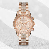  Shop Authentic Michael Kors Ritz Chronograph Rose Gold Dial Rose Gold Steel Strap Watch For Women - MK6485 - Luxxuri