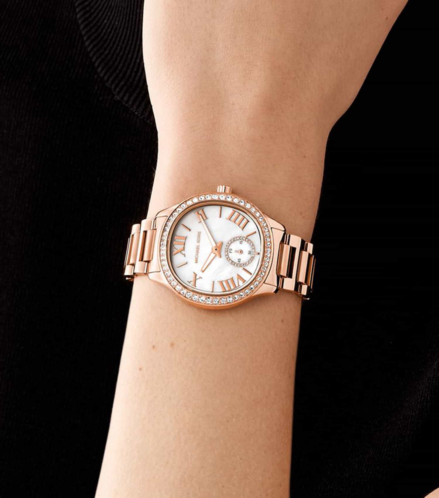  Shop Authentic Michael Kors Sage Three-Hand Mother of Pearl White Dial Rose Gold Steel Strap Watch for Women - MK4806 - Luxxuri