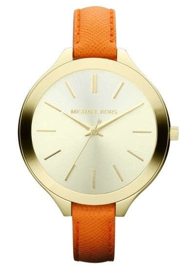  Shop Authentic Michael Kors Runway Quartz Gold Dial Orange Leather Strap Watch For Women - MK2275 - Luxxuri