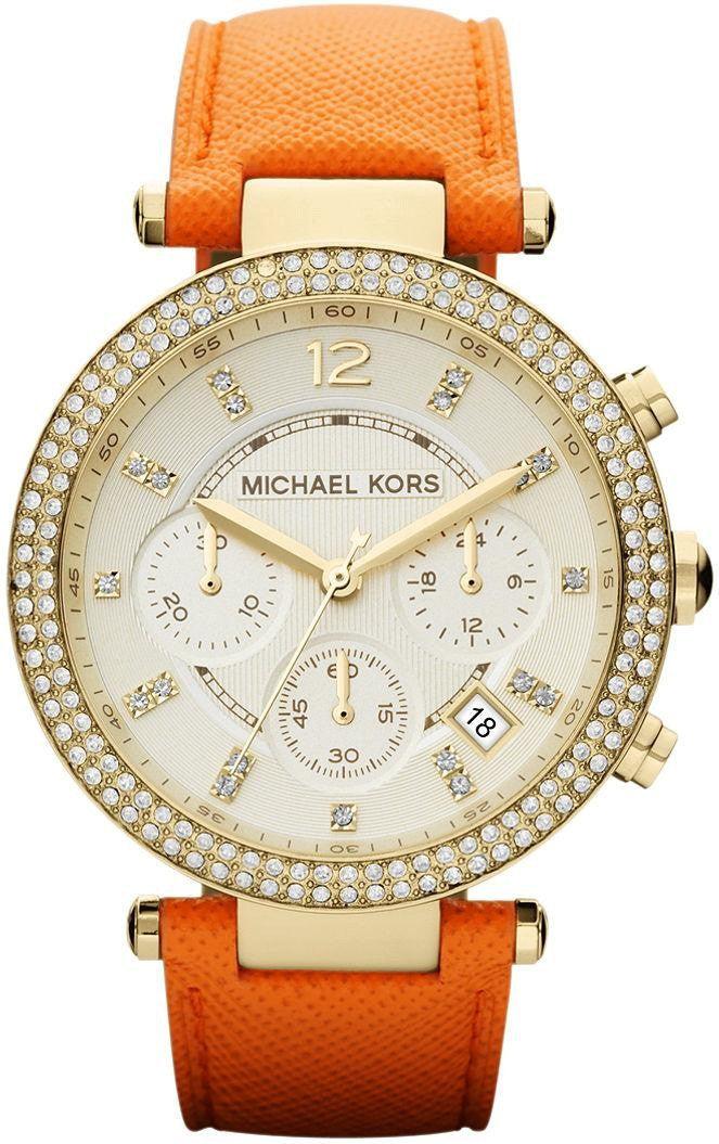  Shop Authentic Michael Kors Parker Champagne Dial Orange Leather Strap Watch for Women - MK2279 - Luxxuri