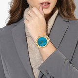  Shop Authentic Michael Kors Slim Runway Blue Mother of Pearl Dial Gold Steel Strap Watch for Women - MK3492 - Luxxuri