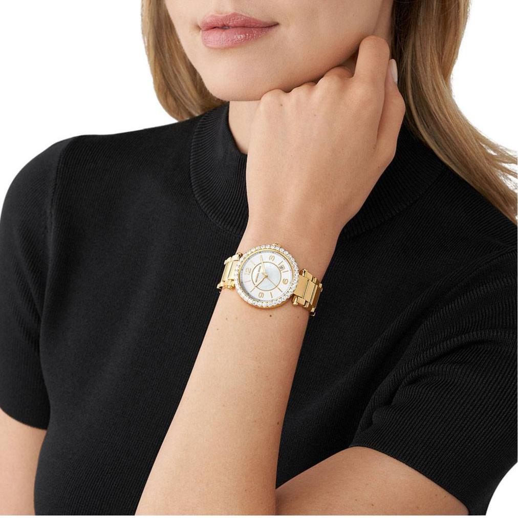 Michael Kors Parker Mother of Pearl White Dial Gold Steel Strap Watch For Women - MK4693