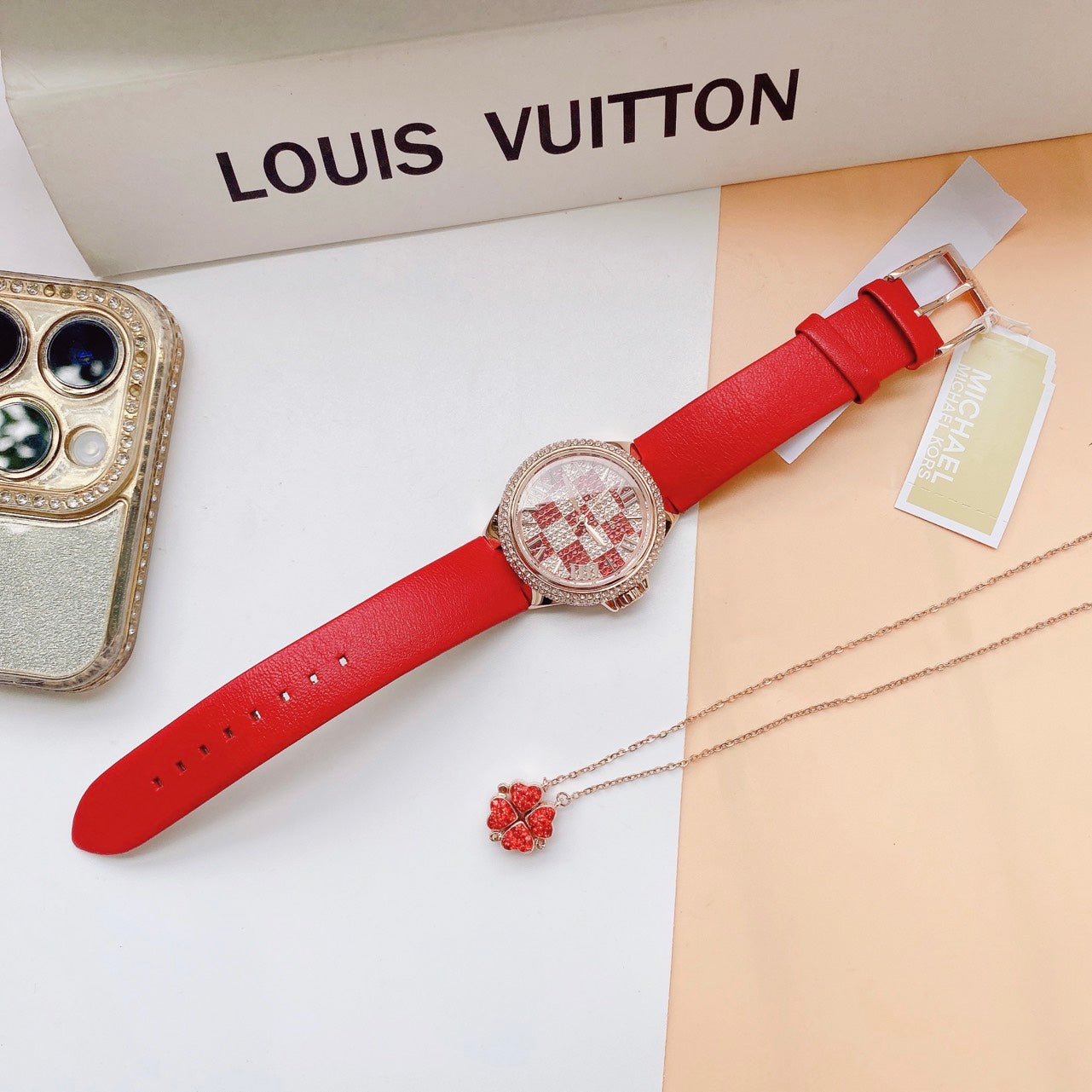  Shop Authentic Michael Kors Camille Three Hand Crystals Rose Gold Dial Red Leather Strap Watch For Women - MK4701 - Luxxuri