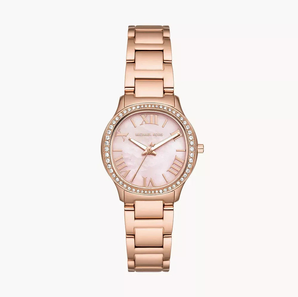  Shop Authentic Michael Kors Sage Three-Hand Crystals Mother of Pearl Dial Rose Gold Steel Strap Watch for Women - MK4823 - Luxxuri