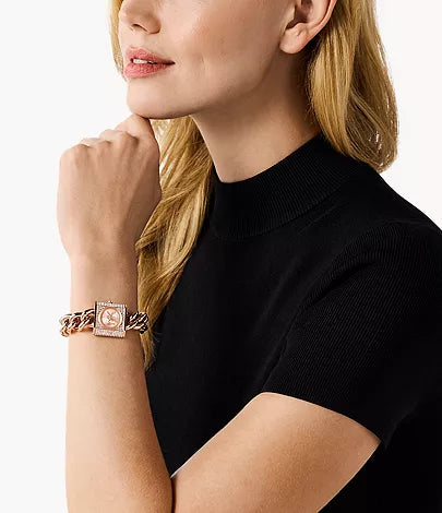  Shop Authentic Michael Kors Chain Lock Three-Hand Rose Gold Dial Rose Gold Steel Strap Watch for Women - MK4827 - Luxxuri