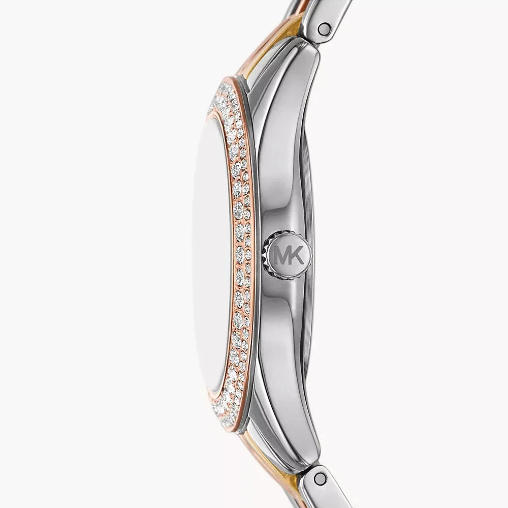  Shop Authentic Michael Kors Harlowe Three-Hand Mother of Pearl White Dial Tri Tone Steel Strap Watch for Women - MK4846 - Luxxuri
