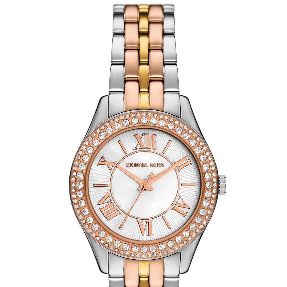  Shop Authentic Michael Kors Harlowe Three-Hand Mother of Pearl White Dial Tri Tone Steel Strap Watch for Women - MK4846 - Luxxuri
